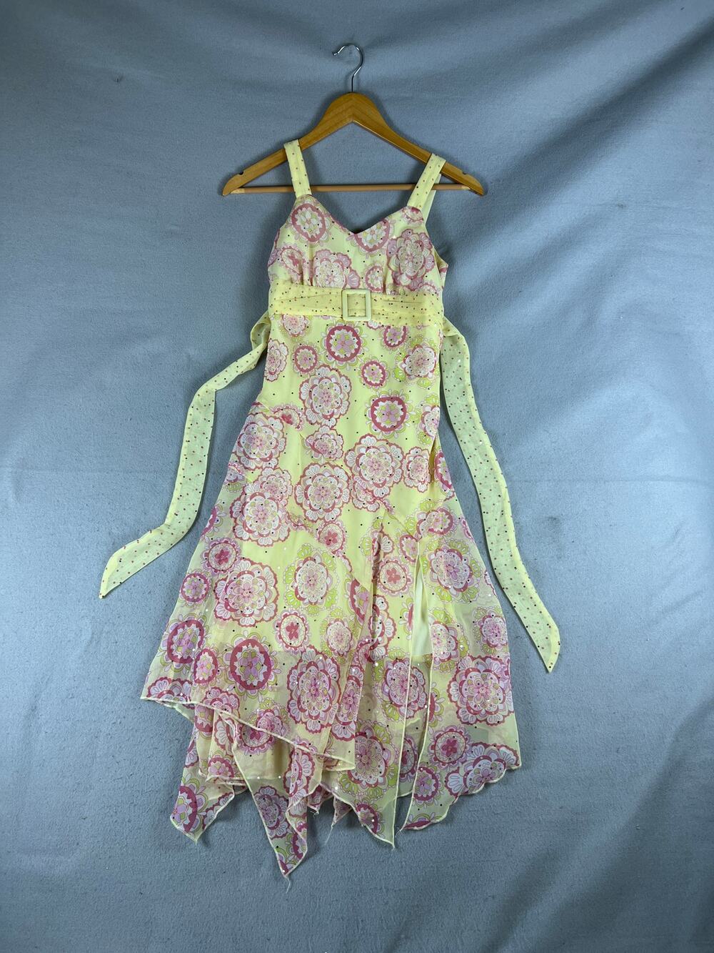Hype Dress Girls 14 Yellow Pink Floral Layer Handkerchief Hem Belted Y2K Sequins
